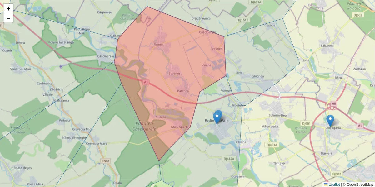 Hartă a codului poștal  și a codurilor poștale învecinate