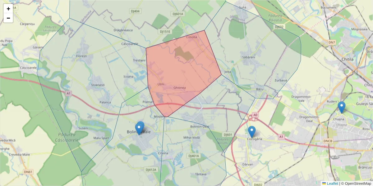 Hartă a codului poștal  și a codurilor poștale învecinate