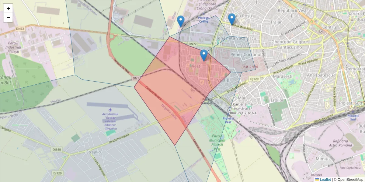 Hartă a codului poștal  și a codurilor poștale învecinate