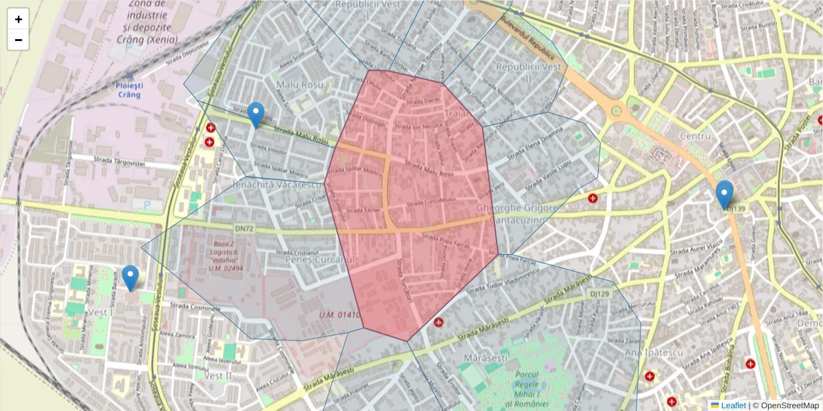 Hartă a codului poștal  și a codurilor poștale învecinate