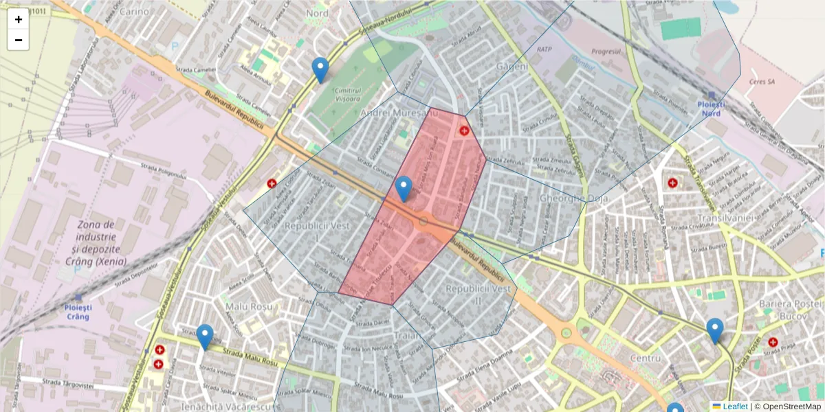 Hartă a codului poștal  și a codurilor poștale învecinate