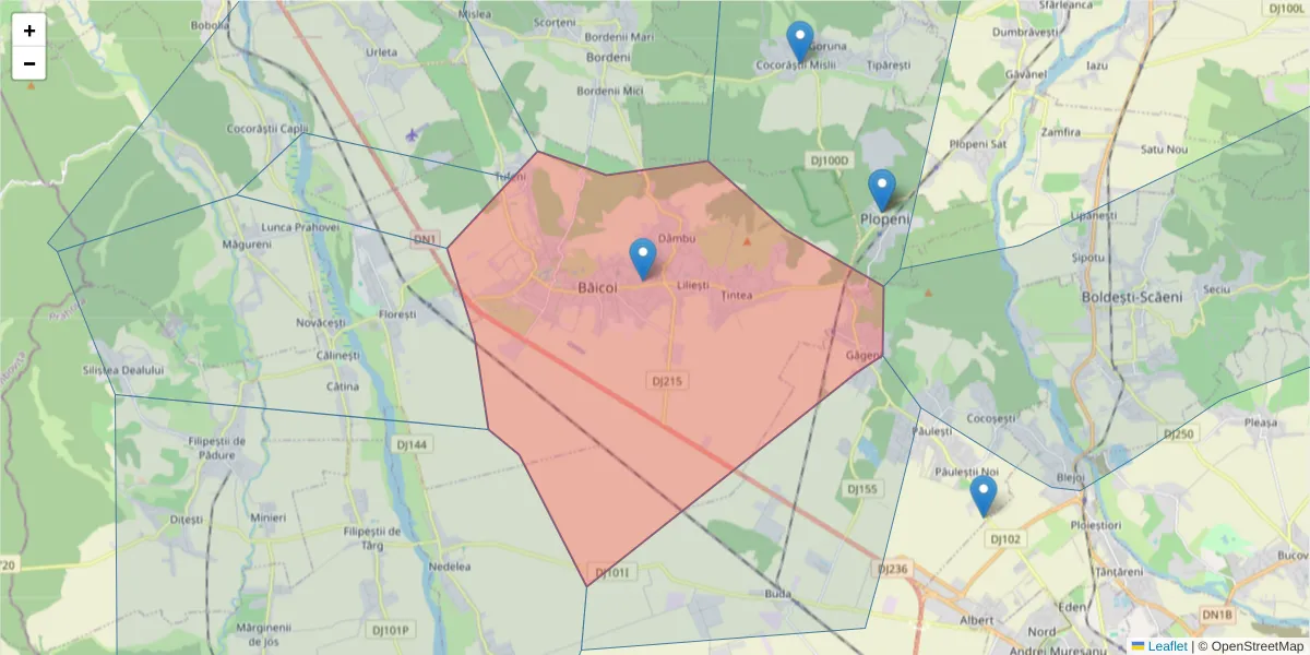 Hartă a codului poștal  și a codurilor poștale învecinate