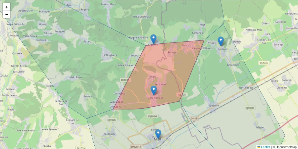 Hartă a codului poștal  și a codurilor poștale învecinate