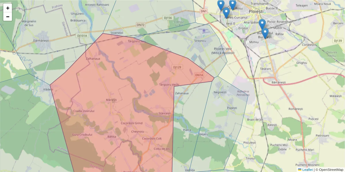 Hartă a codului poștal  și a codurilor poștale învecinate