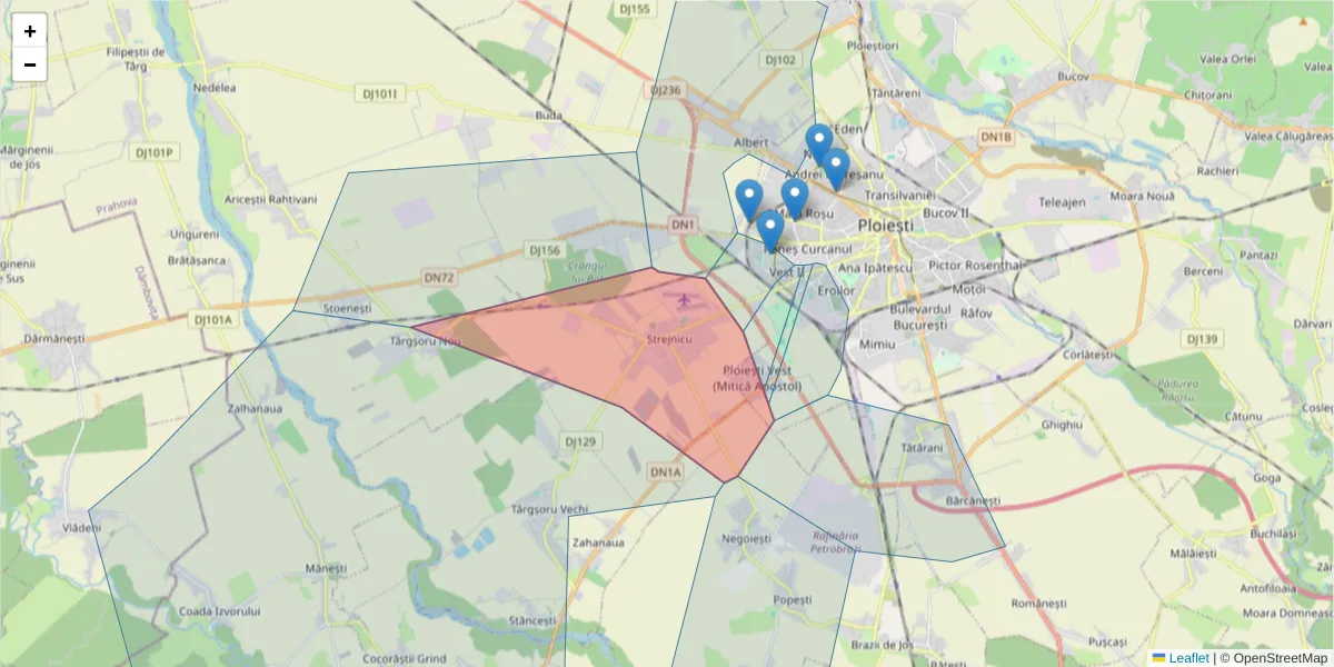 Hartă a codului poștal  și a codurilor poștale învecinate