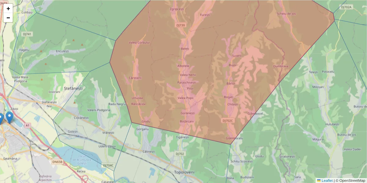 Hartă a codului poștal  și a codurilor poștale învecinate