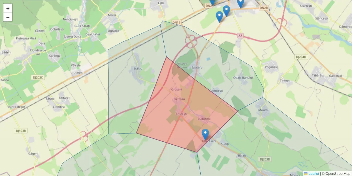 Hartă a codului poștal  și a codurilor poștale învecinate