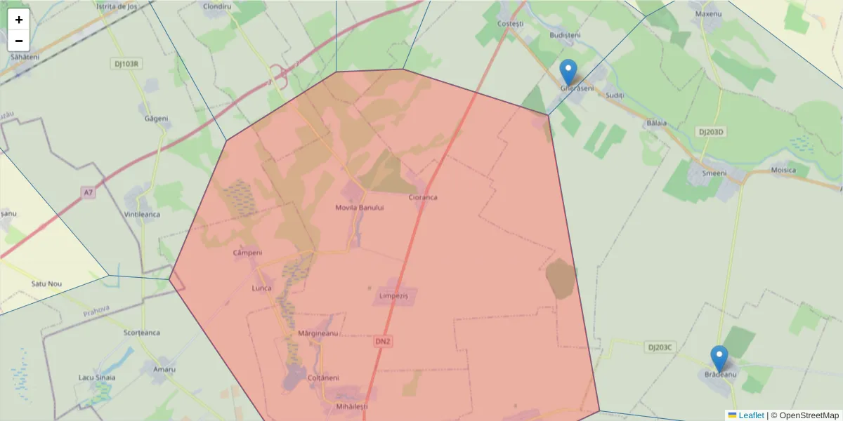 Hartă a codului poștal  și a codurilor poștale învecinate