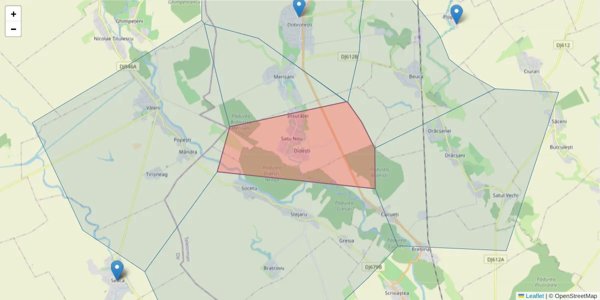 Hartă a codului poștal  și a codurilor poștale învecinate