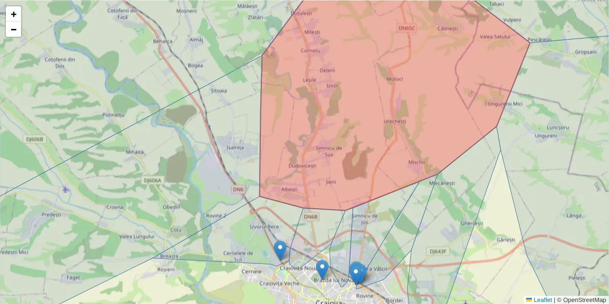 Hartă a codului poștal  și a codurilor poștale învecinate