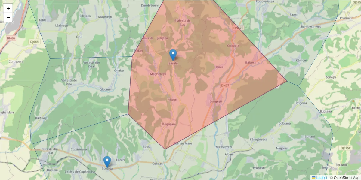 Hartă a codului poștal  și a codurilor poștale învecinate