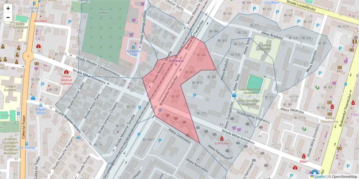 Hartă a codului poștal  și a codurilor poștale învecinate