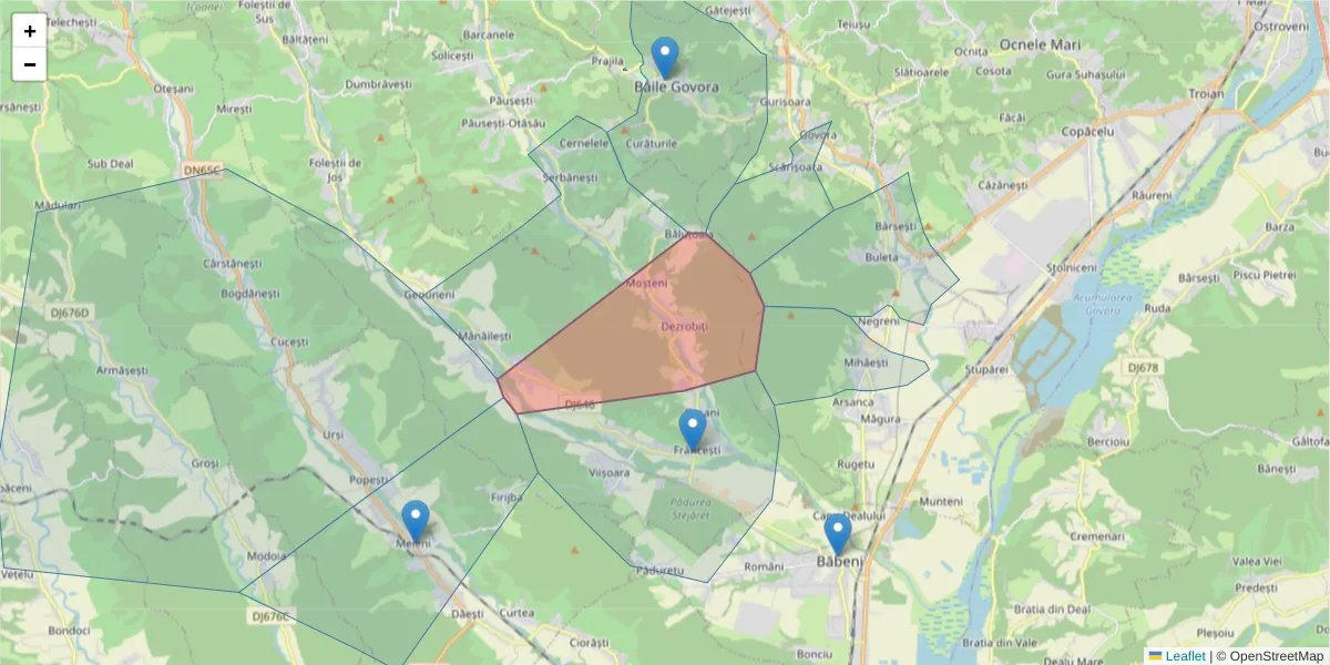 Hartă a codului poștal  și a codurilor poștale învecinate