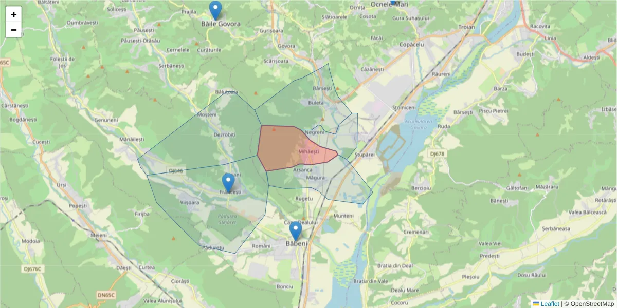 Hartă a codului poștal  și a codurilor poștale învecinate