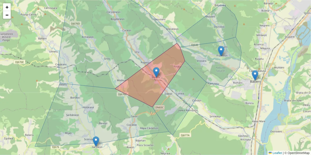 Hartă a codului poștal  și a codurilor poștale învecinate