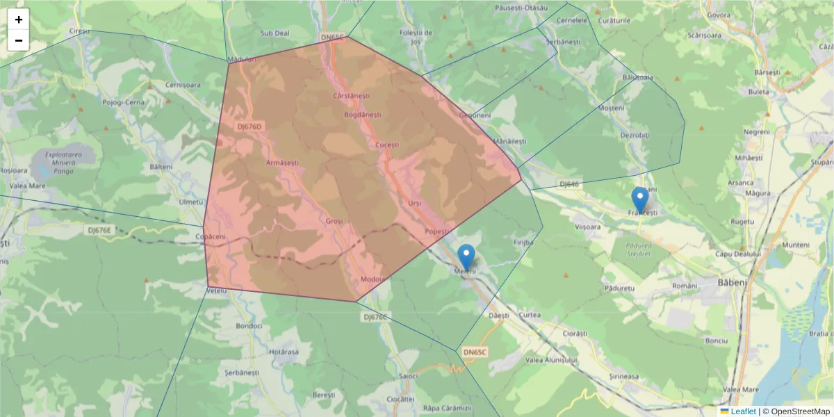 Hartă a codului poștal  și a codurilor poștale învecinate