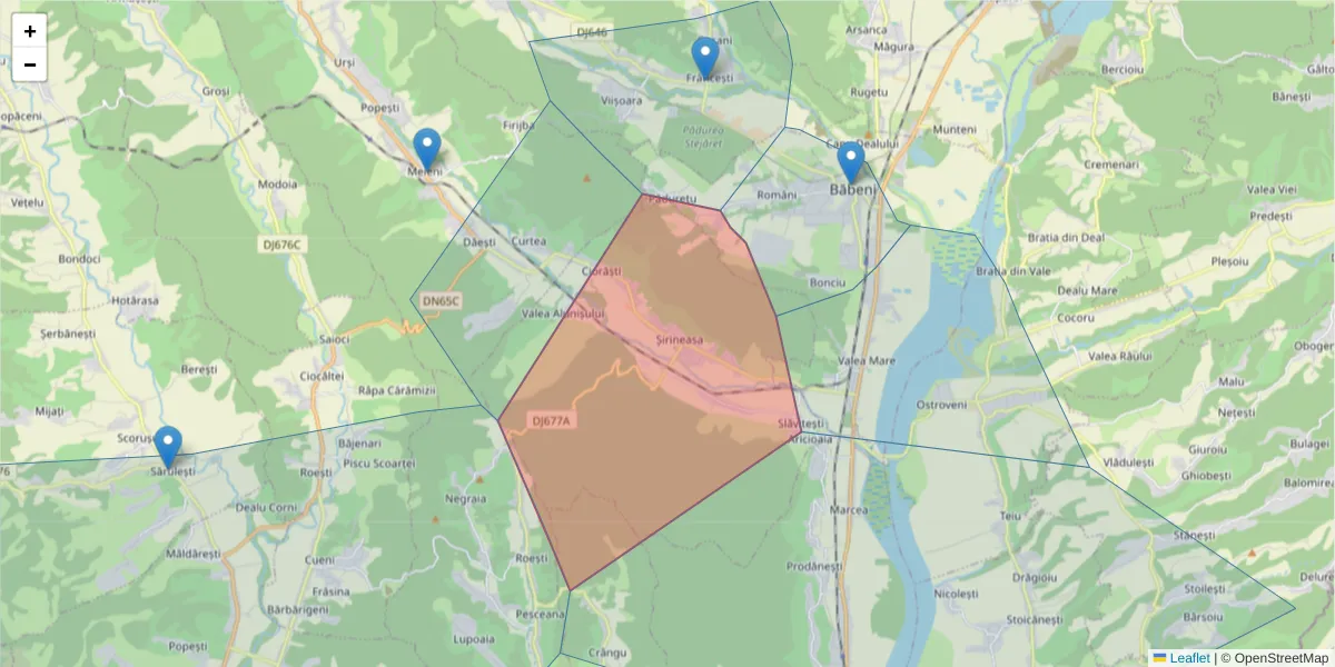 Hartă a codului poștal  și a codurilor poștale învecinate