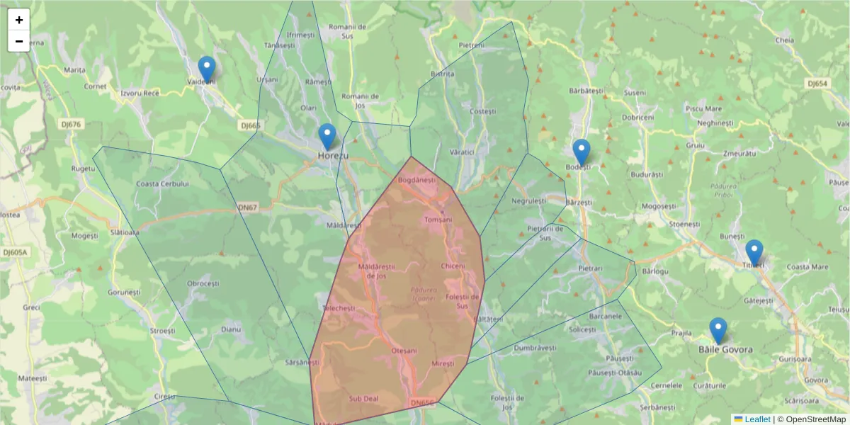 Hartă a codului poștal  și a codurilor poștale învecinate
