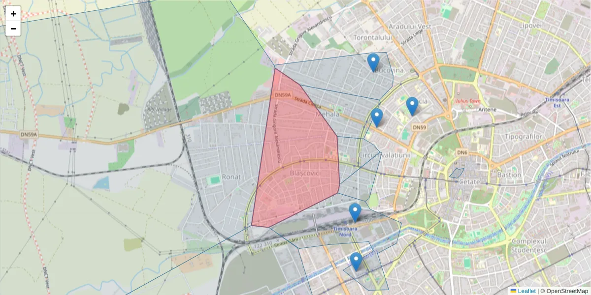 Hartă a codului poștal  și a codurilor poștale învecinate