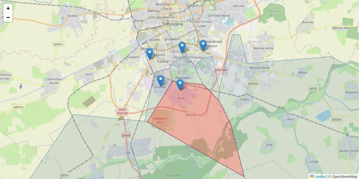 Hartă a codului poștal  și a codurilor poștale învecinate