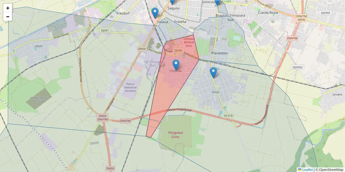 Hartă a codului poștal  și a codurilor poștale învecinate