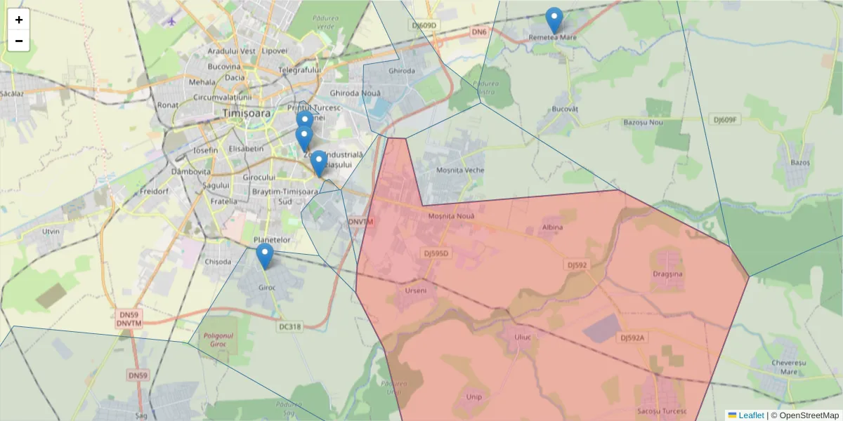 Hartă a codului poștal  și a codurilor poștale învecinate