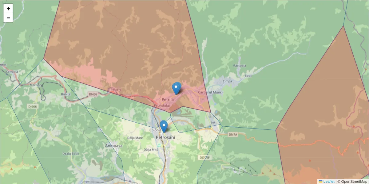 Hartă a codului poștal  și a codurilor poștale învecinate