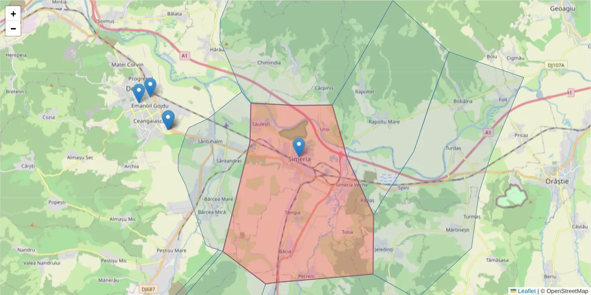 Hartă a codului poștal  și a codurilor poștale învecinate