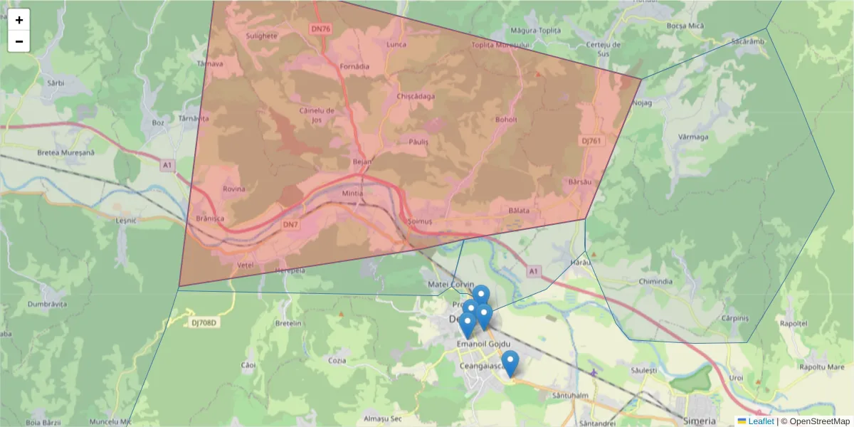 Hartă a codului poștal  și a codurilor poștale învecinate
