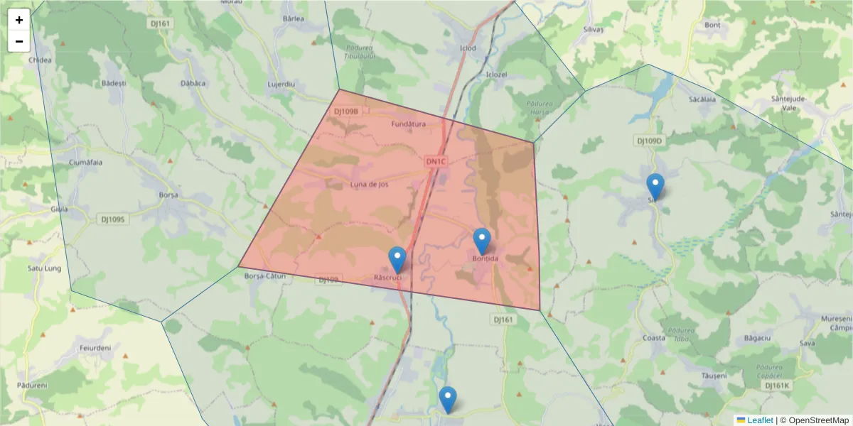 Hartă a codului poștal  și a codurilor poștale învecinate