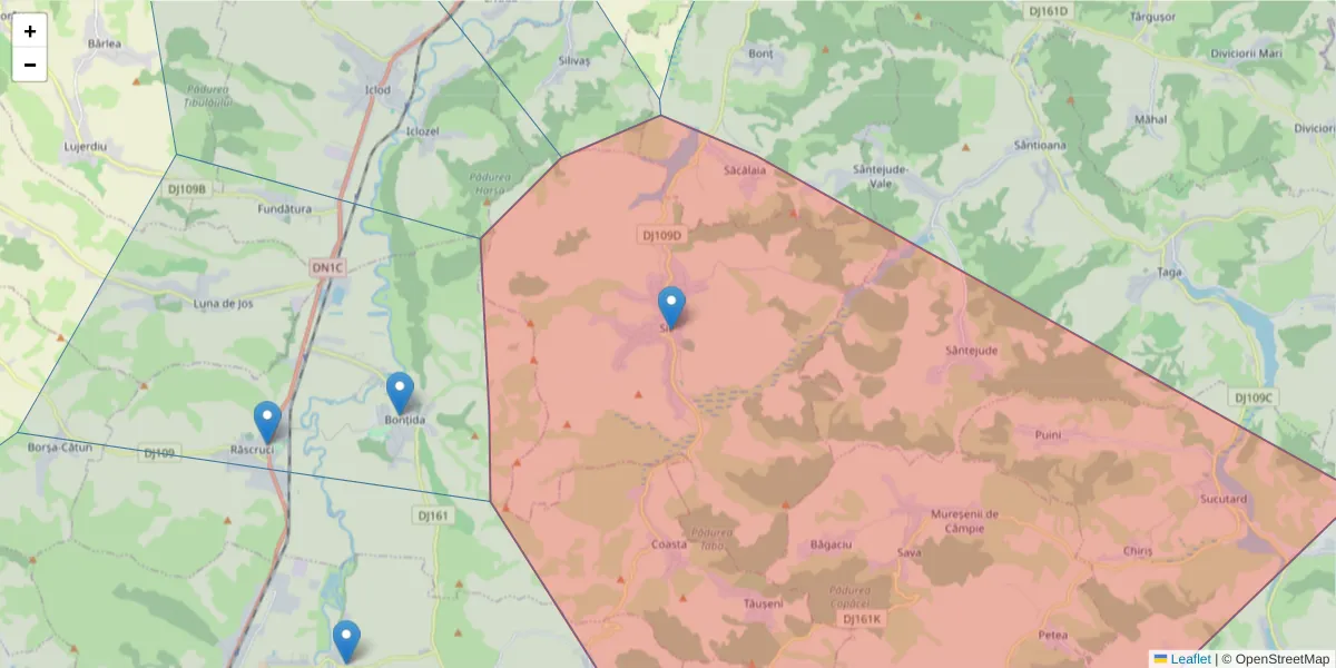 Hartă a codului poștal  și a codurilor poștale învecinate