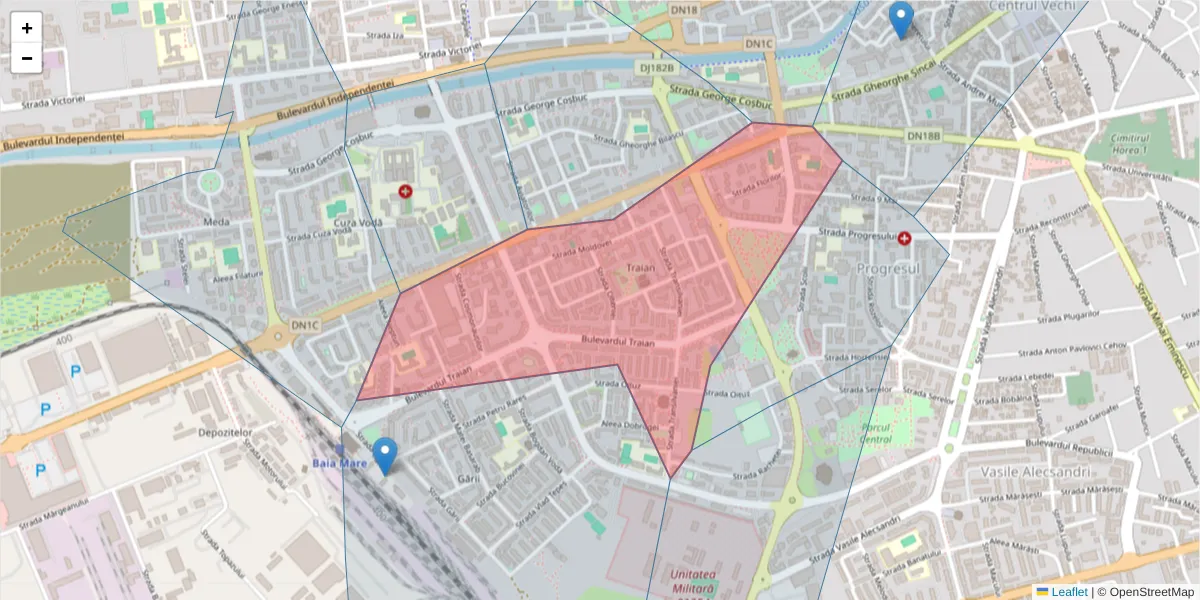 Hartă a codului poștal  și a codurilor poștale învecinate