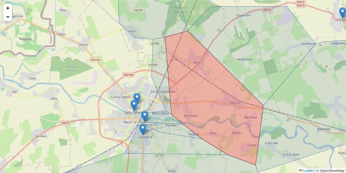 Hartă a codului poștal  și a codurilor poștale învecinate