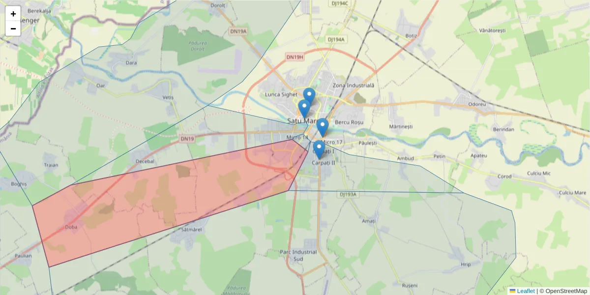 Hartă a codului poștal  și a codurilor poștale învecinate