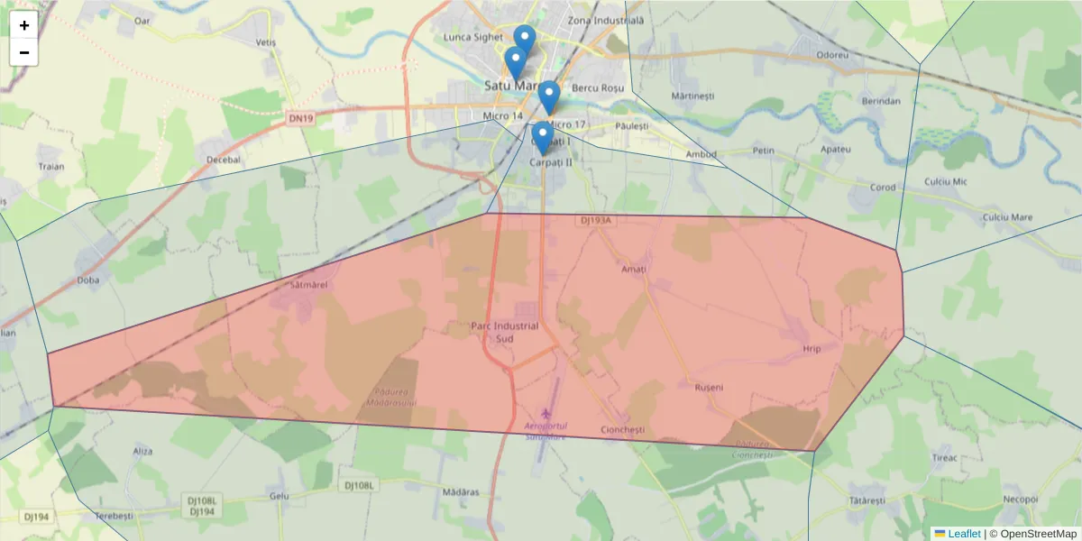 Hartă a codului poștal  și a codurilor poștale învecinate