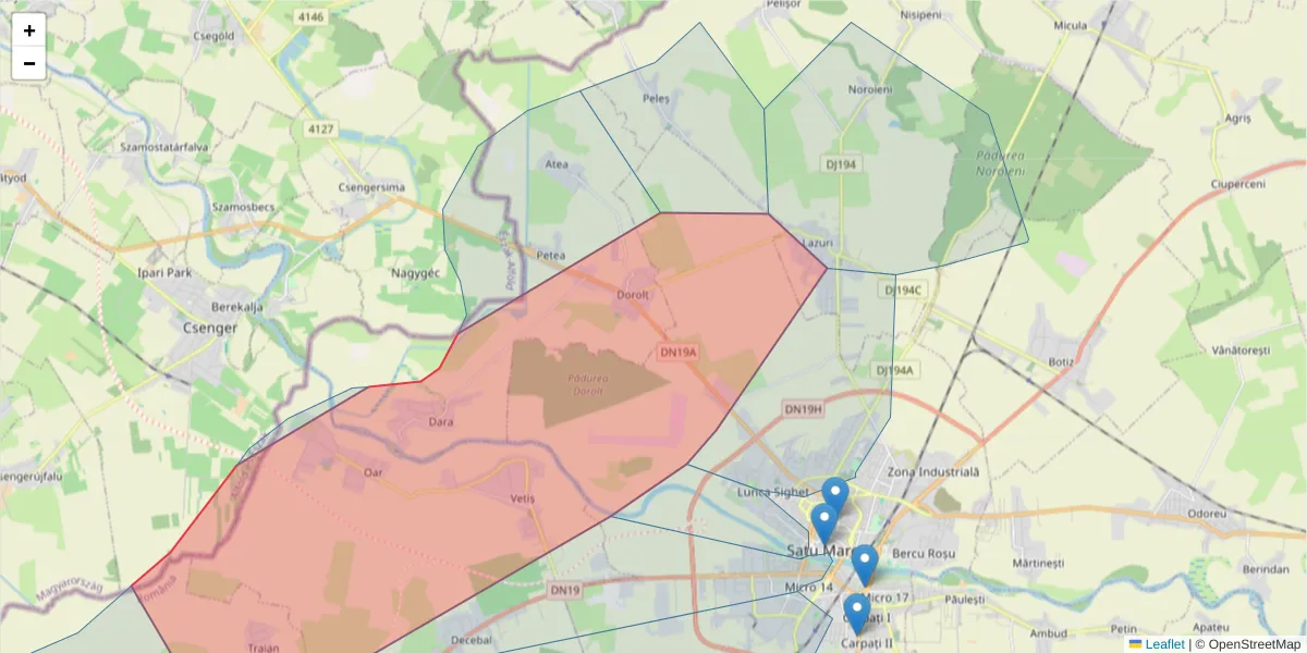 Hartă a codului poștal  și a codurilor poștale învecinate
