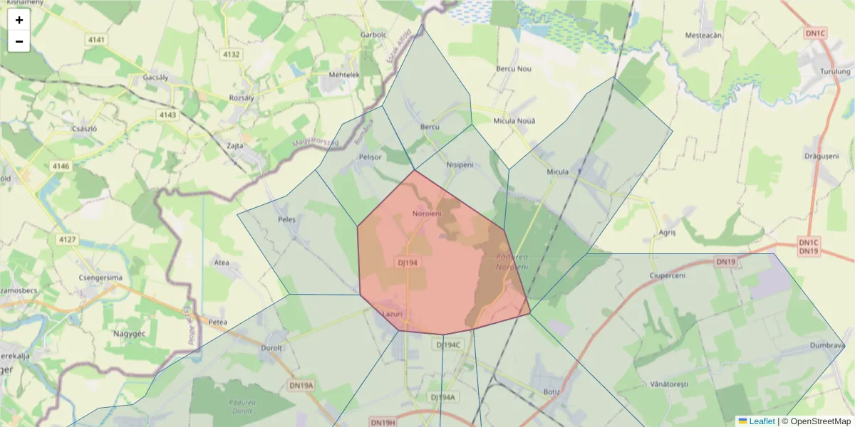 Hartă a codului poștal  și a codurilor poștale învecinate