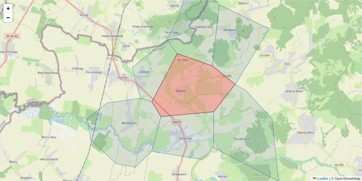 Hartă a codului poștal  și a codurilor poștale învecinate
