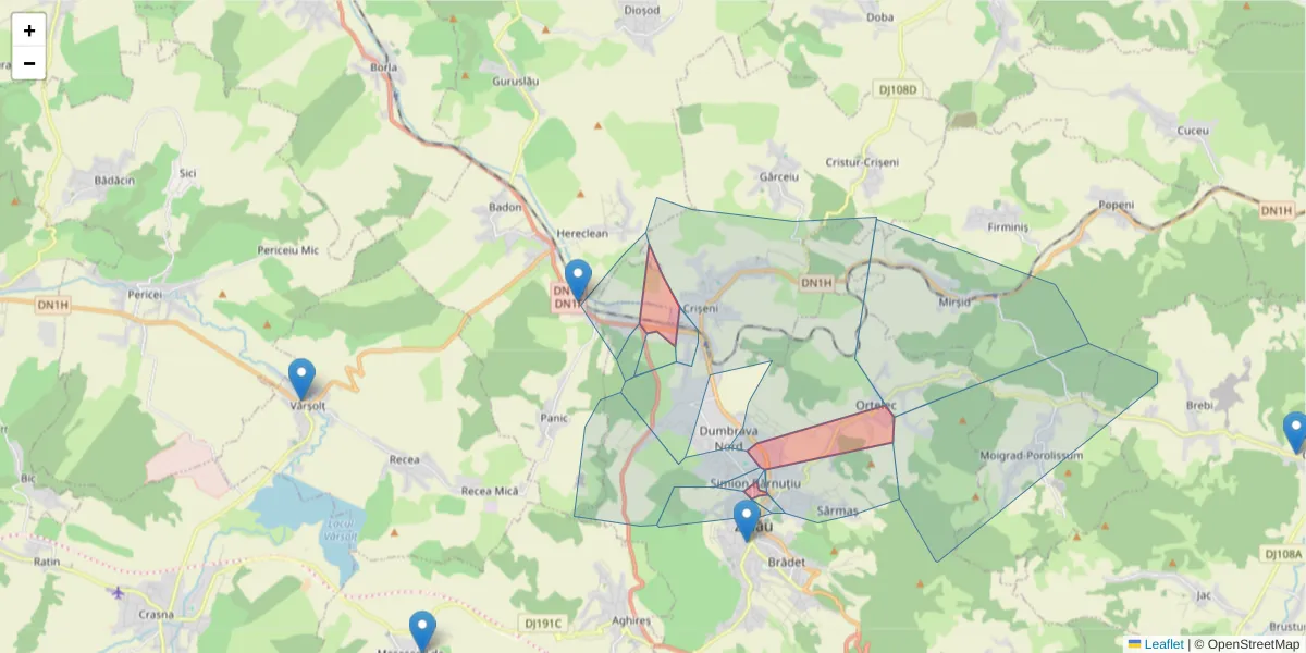 Hartă a codului poștal  și a codurilor poștale învecinate