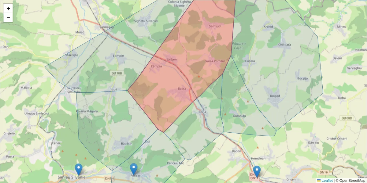 Hartă a codului poștal  și a codurilor poștale învecinate