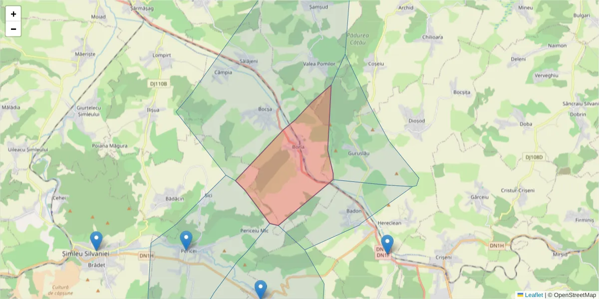 Hartă a codului poștal  și a codurilor poștale învecinate