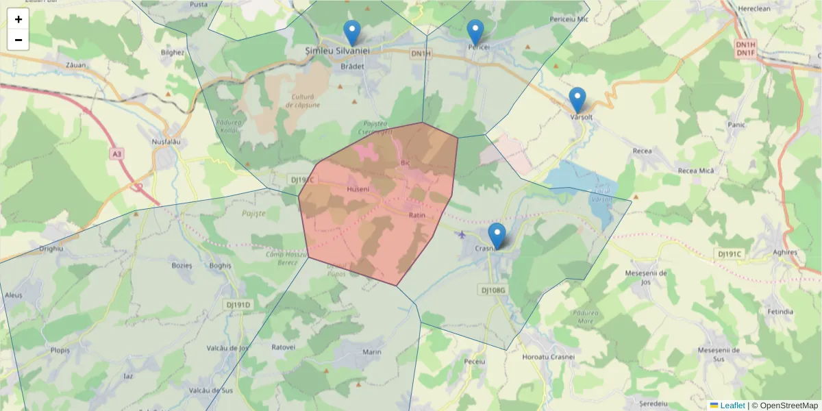 Hartă a codului poștal  și a codurilor poștale învecinate