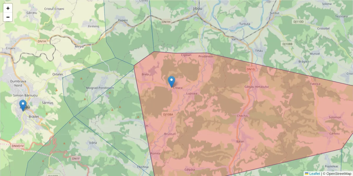 Hartă a codului poștal  și a codurilor poștale învecinate