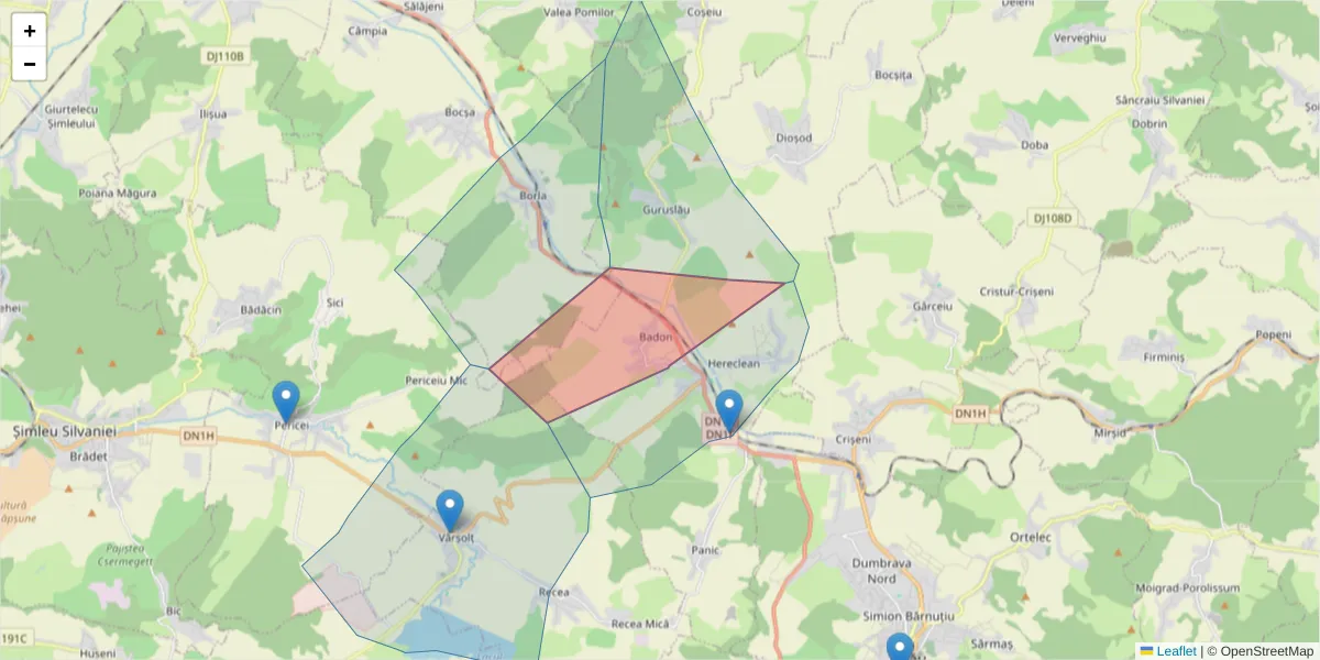 Hartă a codului poștal  și a codurilor poștale învecinate