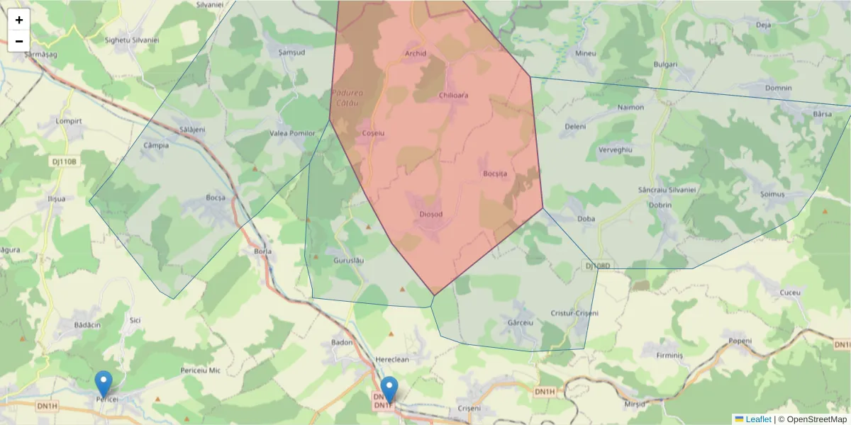 Hartă a codului poștal  și a codurilor poștale învecinate