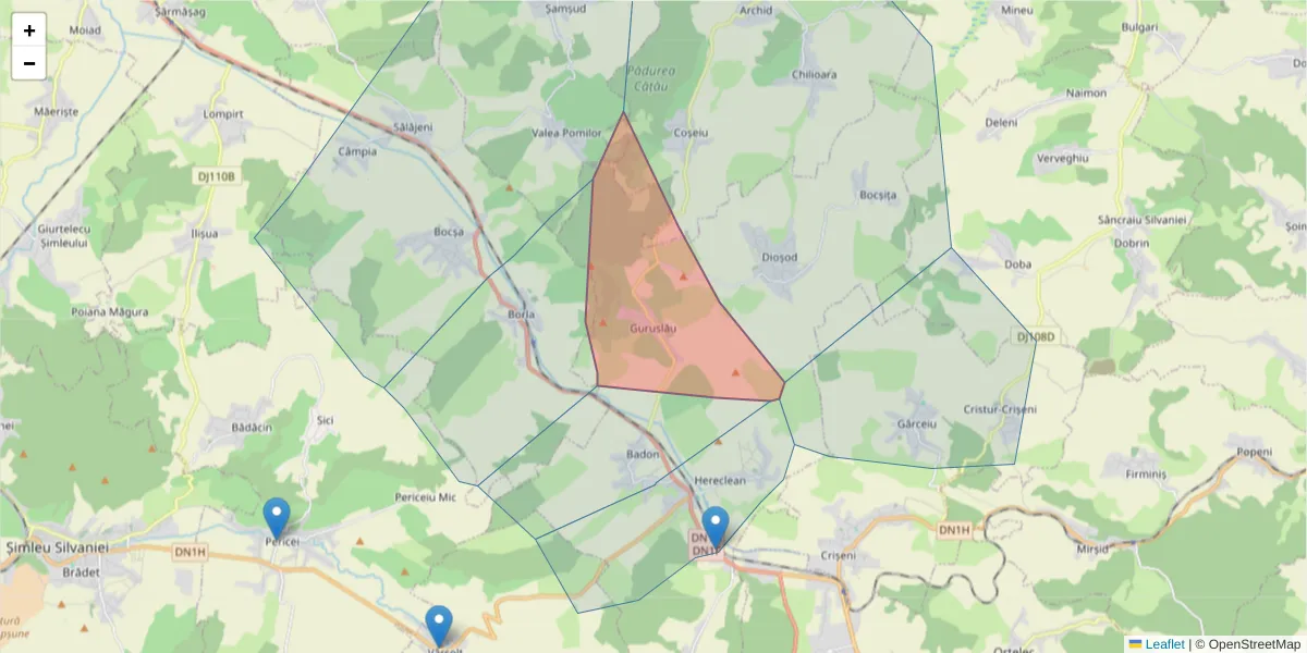 Hartă a codului poștal  și a codurilor poștale învecinate