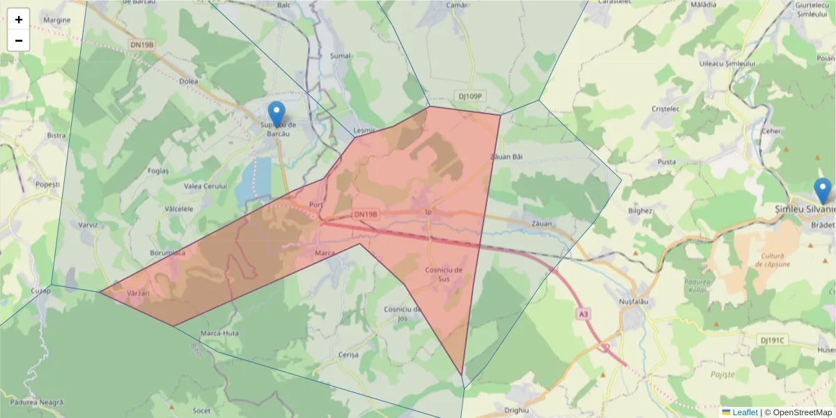 Hartă a codului poștal  și a codurilor poștale învecinate