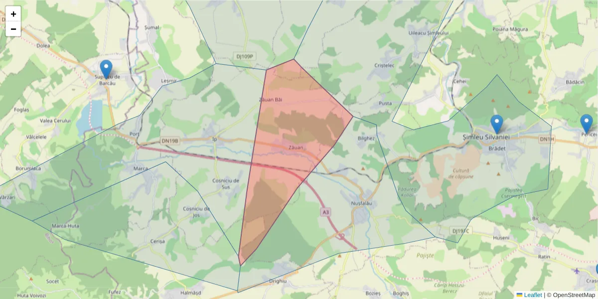 Hartă a codului poștal  și a codurilor poștale învecinate