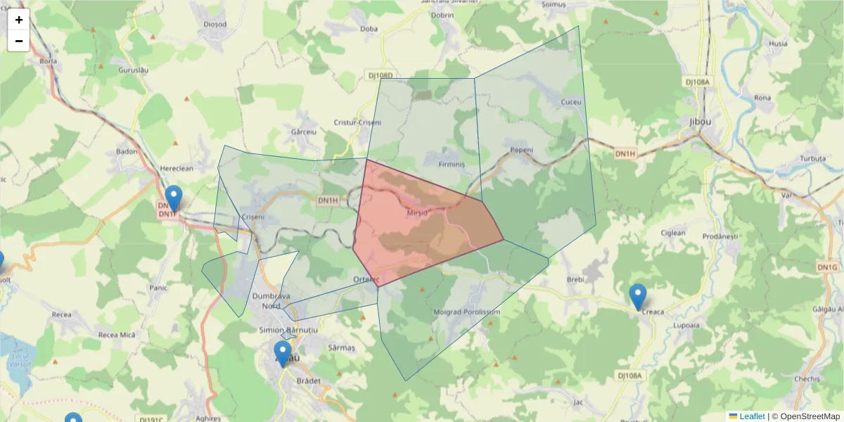 Hartă a codului poștal  și a codurilor poștale învecinate