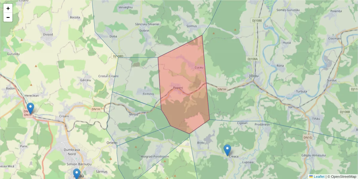 Hartă a codului poștal  și a codurilor poștale învecinate